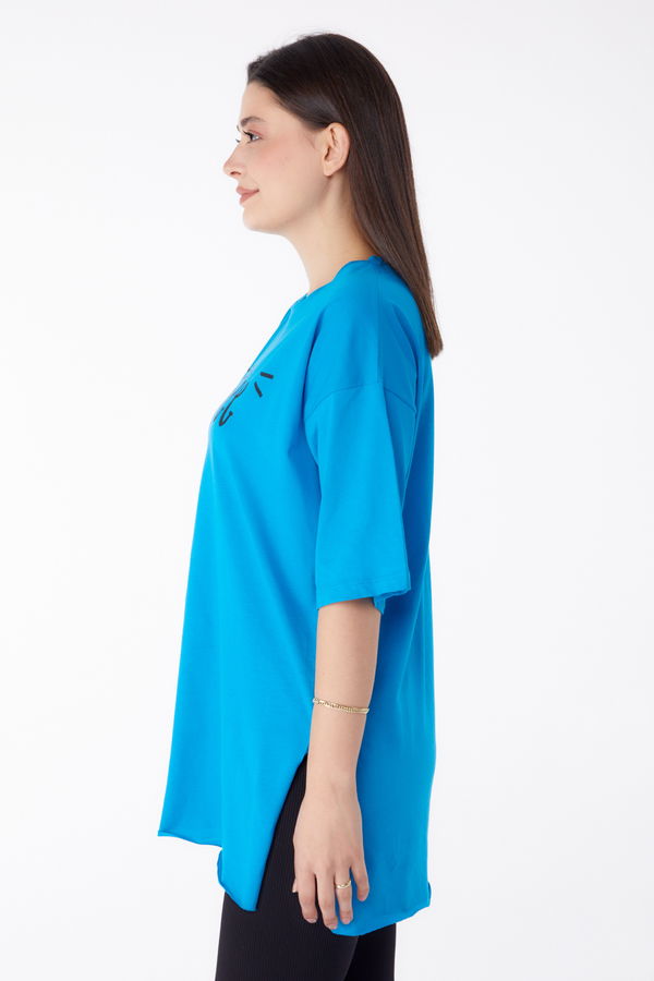 Baskılı T-shirt Mavi - 25302 MAVİ