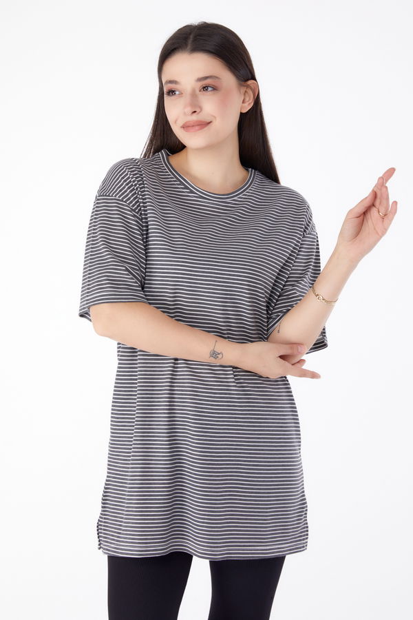 Çizgili T-Shirt Gri - 25303 GRİ