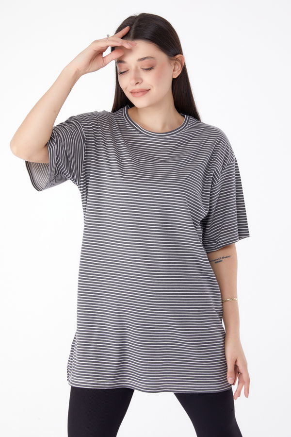 Çizgili T-Shirt Gri - 25303 GRİ