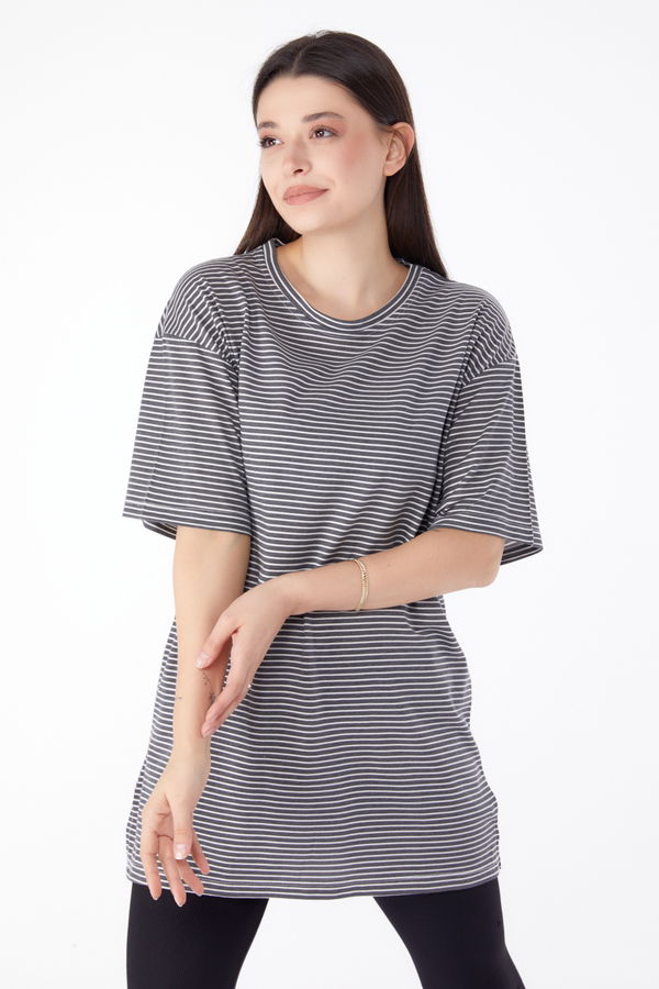 Çizgili T-Shirt Gri - 25303 GRİ