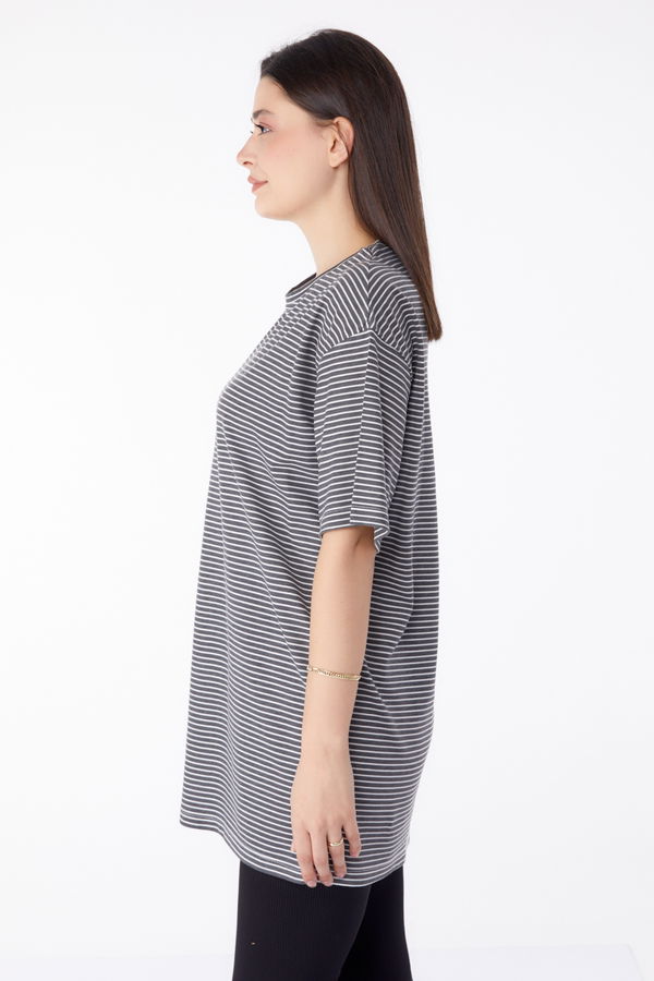Çizgili T-Shirt Gri - 25303 GRİ
