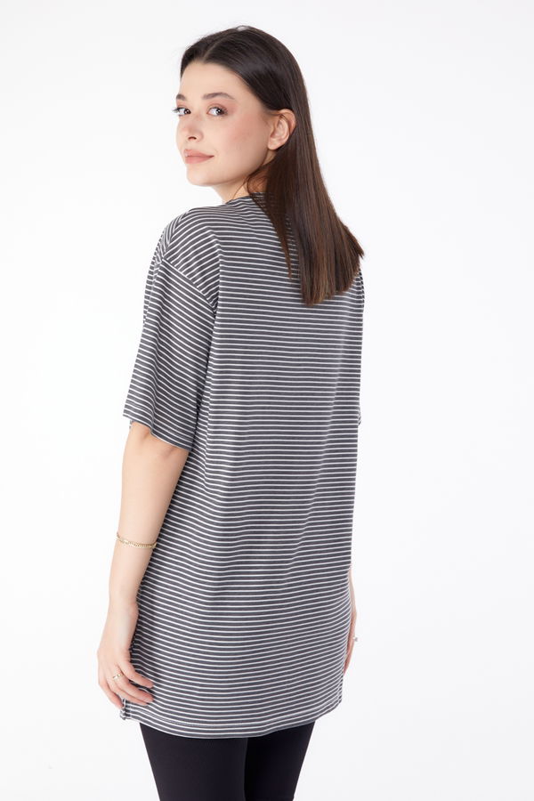 Çizgili T-Shirt Gri - 25303 GRİ
