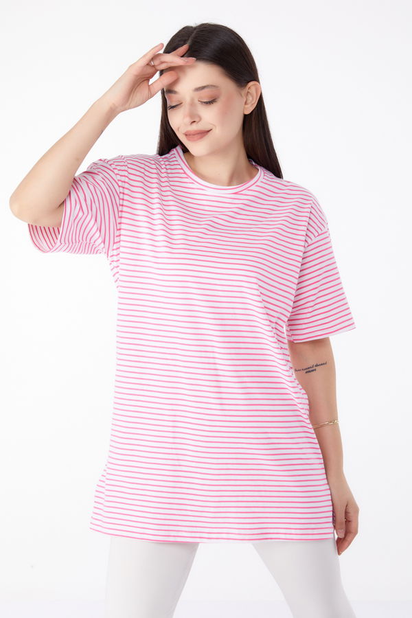 Çizgili T-Shirt Fuşya - 25303 FUŞYA