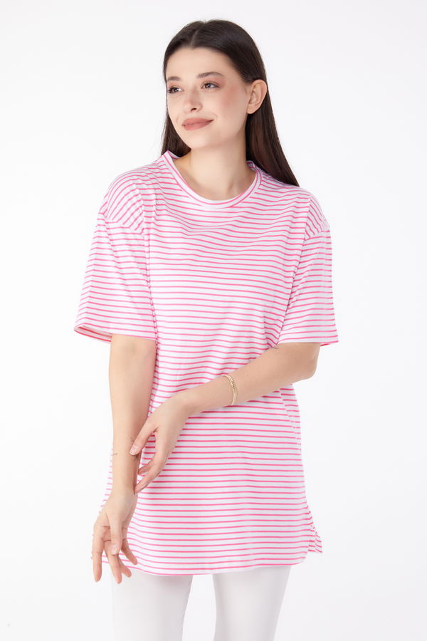 Çizgili T-Shirt Fuşya - 25303 FUŞYA