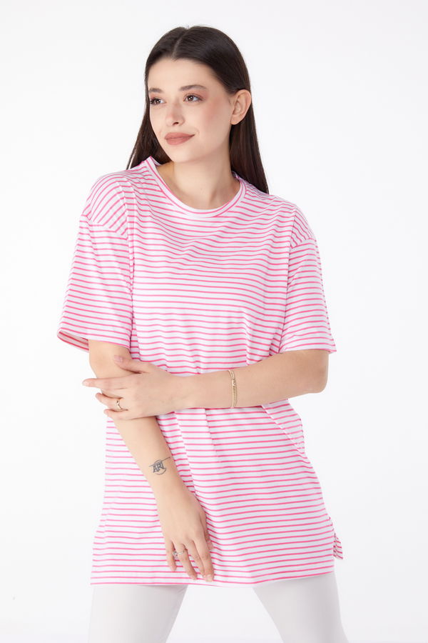 Çizgili T-Shirt Fuşya - 25303 FUŞYA