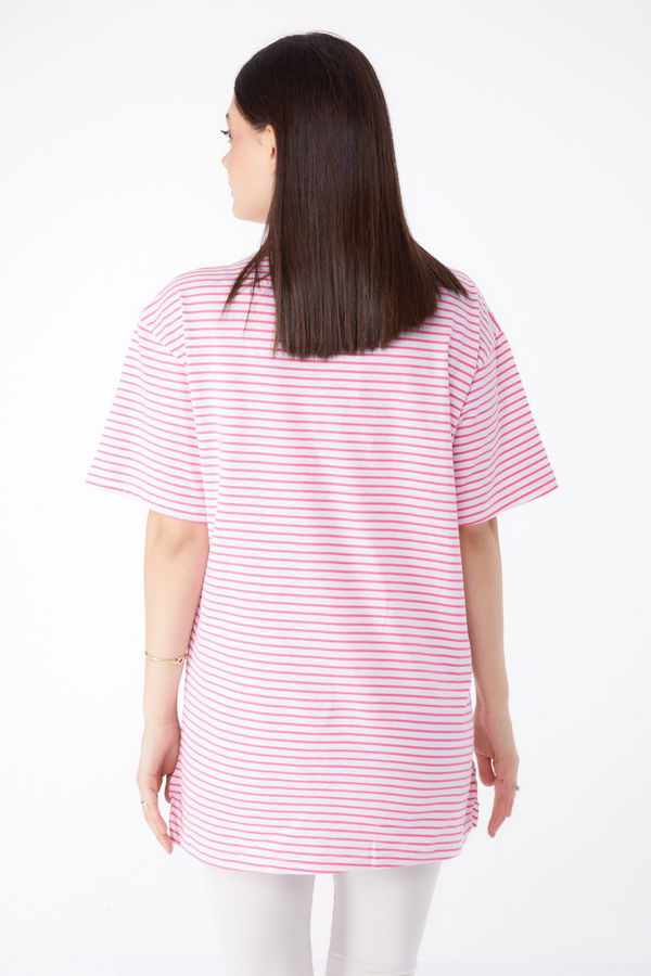 Çizgili T-Shirt Fuşya - 25303 FUŞYA