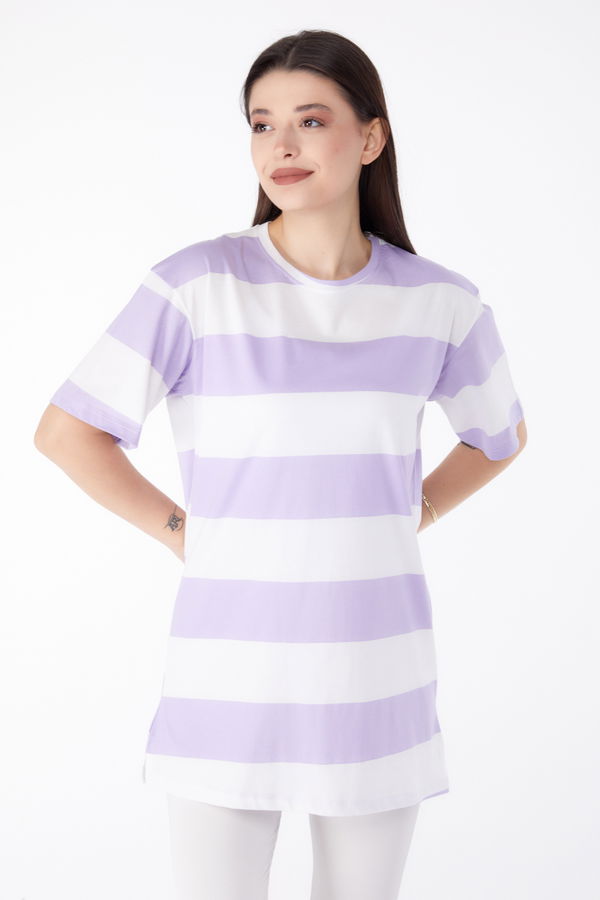 Çizgili T-Shirt Lila - 25305