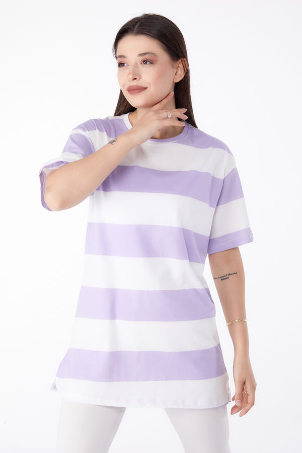 Çizgili T-Shirt Lila - 25305