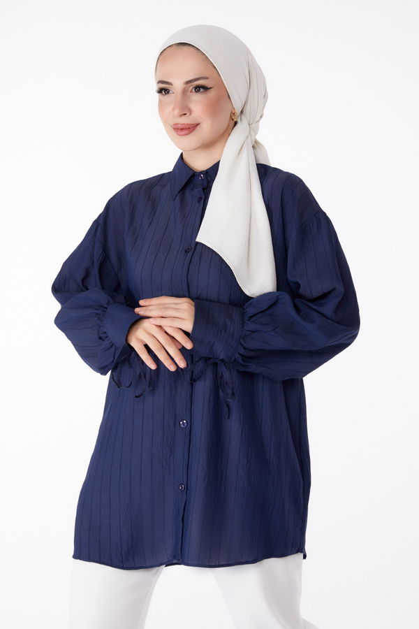 Fitilli Kolları İpli Gömlek Lacivert - 25307 LACİVERT