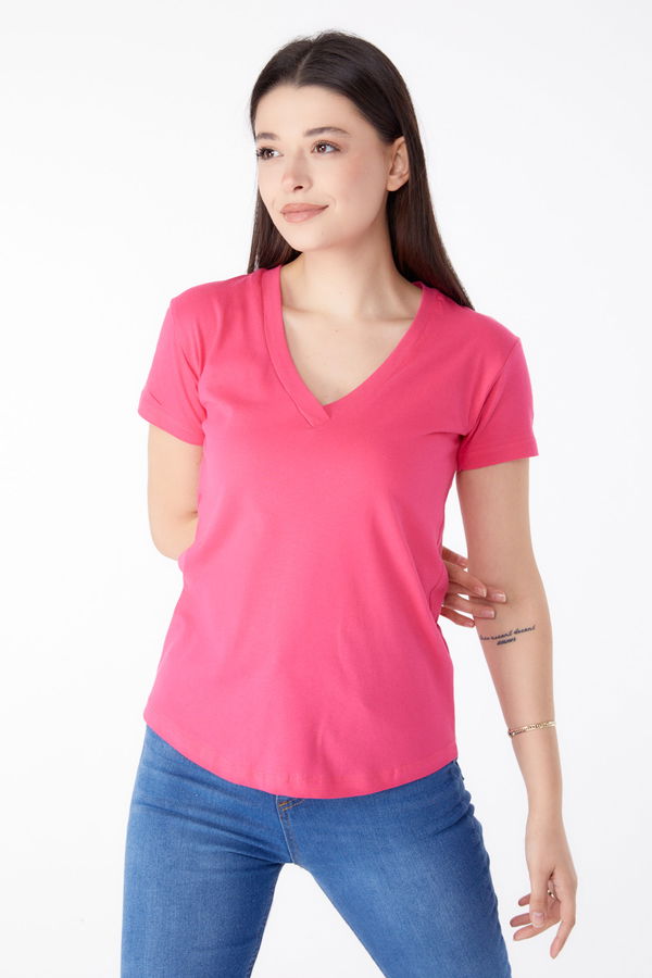 V Yaka T-shirt Fuşya - 25326 FUŞYA