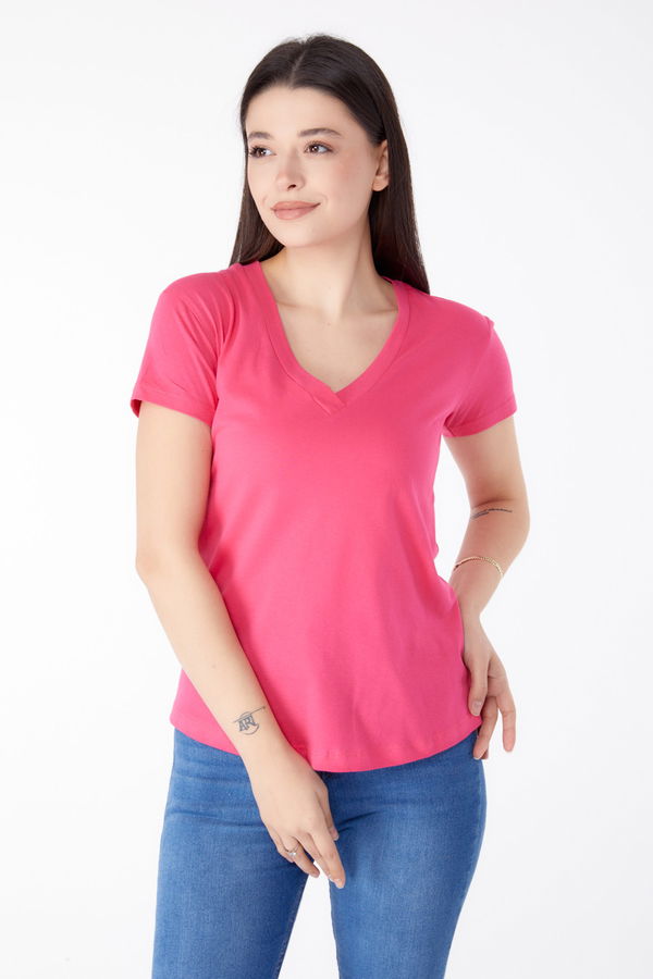 V Yaka T-shirt Fuşya - 25326 FUŞYA