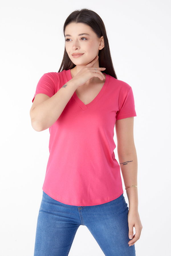 V Yaka T-shirt Fuşya - 25326 FUŞYA