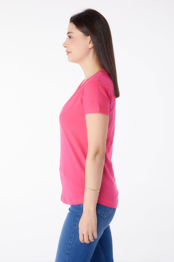 V Yaka T-shirt Fuşya - 25326 FUŞYA