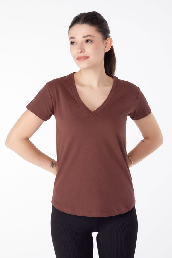 V Yaka T-shirt Kahverengi - 25326 KAHVERENGİ