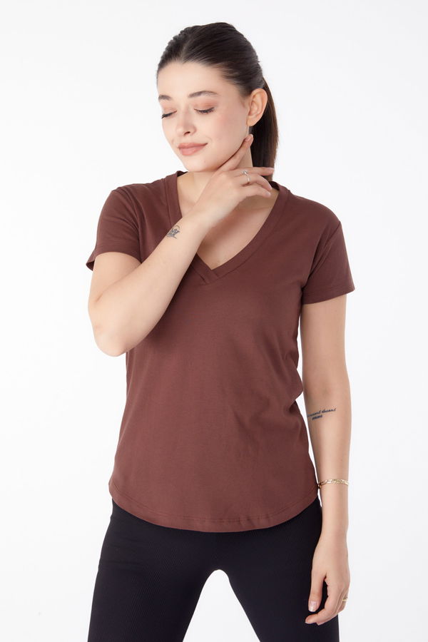 V Yaka T-shirt Kahverengi - 25326 KAHVERENGİ