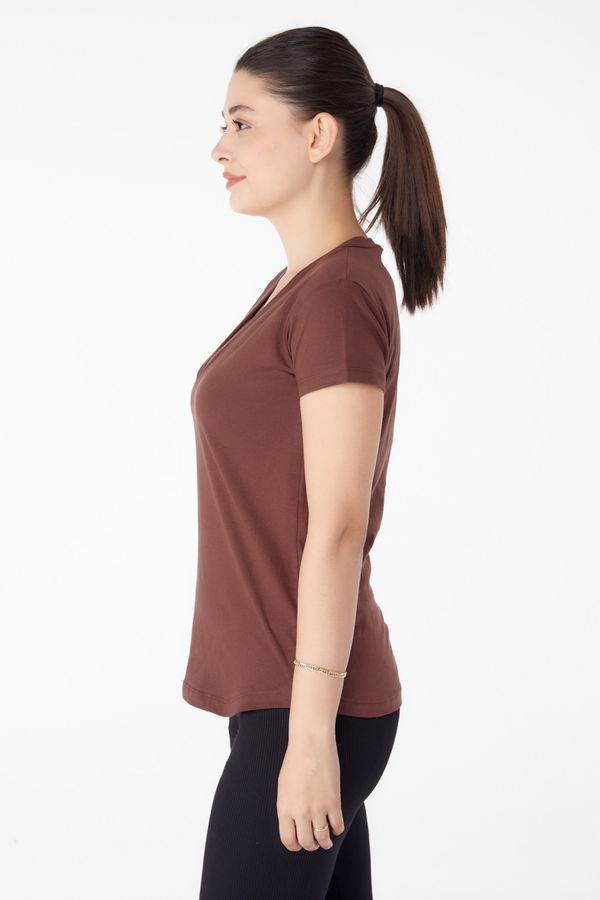 V Yaka T-shirt Kahverengi - 25326 KAHVERENGİ