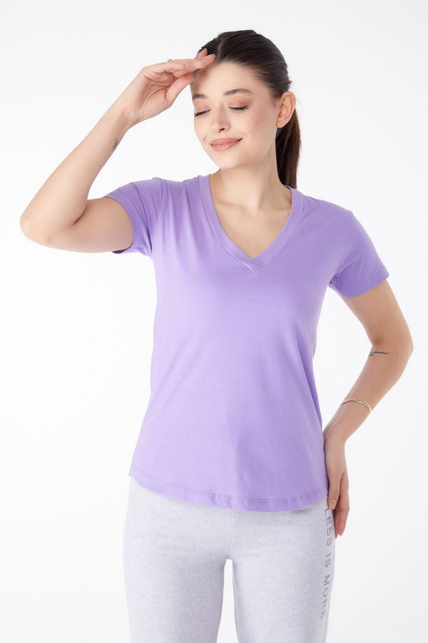V Yaka T-shirt Lila - 25326