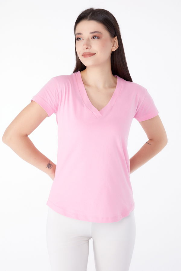 V Yaka T-shirt Pembe - 25326 PEMBE