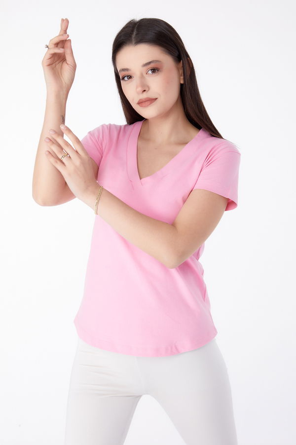 V Yaka T-shirt Pembe - 25326 PEMBE