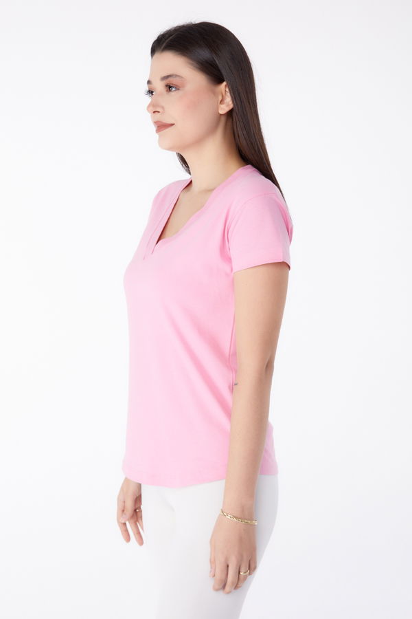 V Yaka T-shirt Pembe - 25326 PEMBE