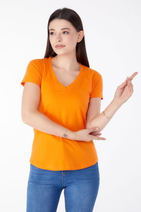 V Yaka T-shirt Turuncu - 25326