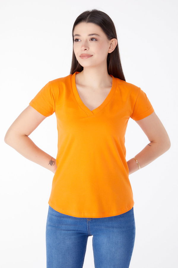V Yaka T-shirt Turuncu - 25326
