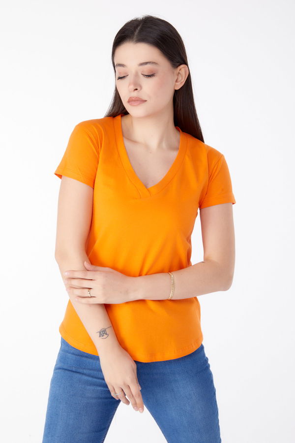 V Yaka T-shirt Turuncu - 25326