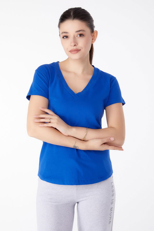 V Yaka T-shirt Mavi - 25326 MAVİ