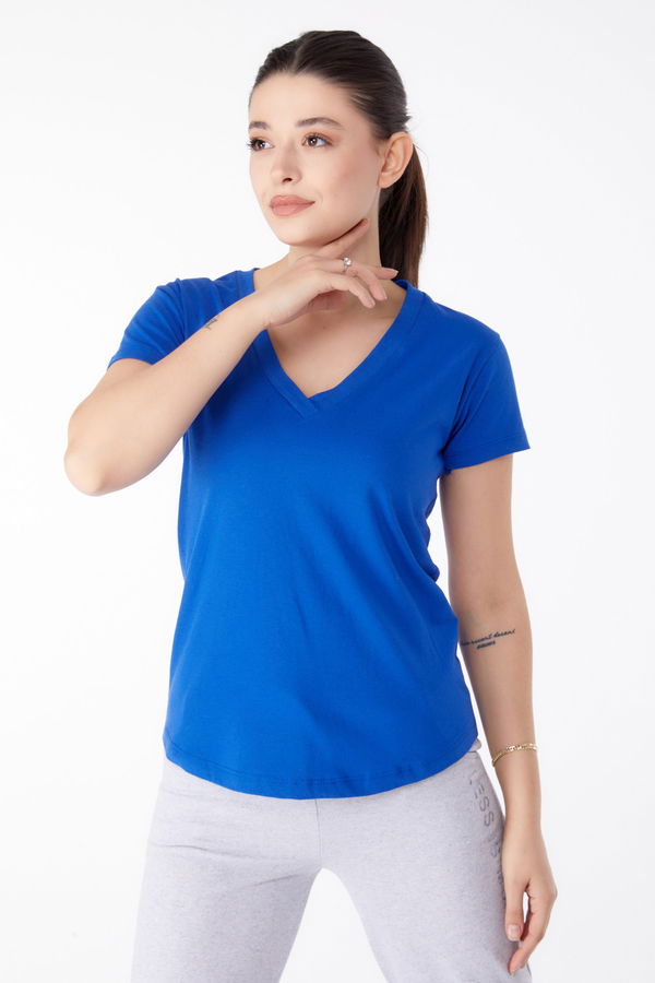 V Yaka T-shirt Mavi - 25326 MAVİ