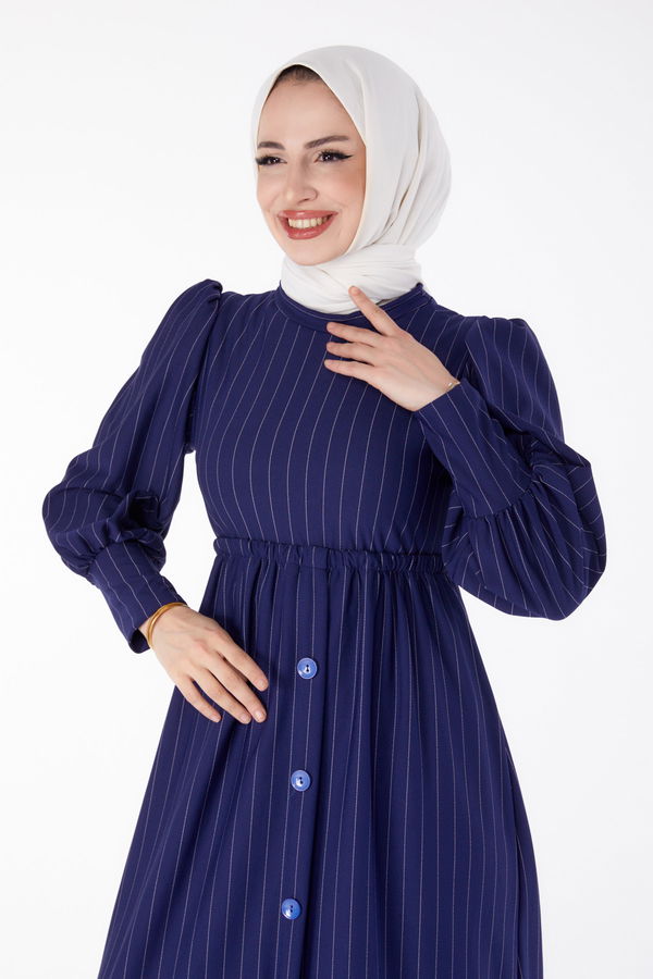 Çizgili Düğmeli Elbise Lacivert - 25355