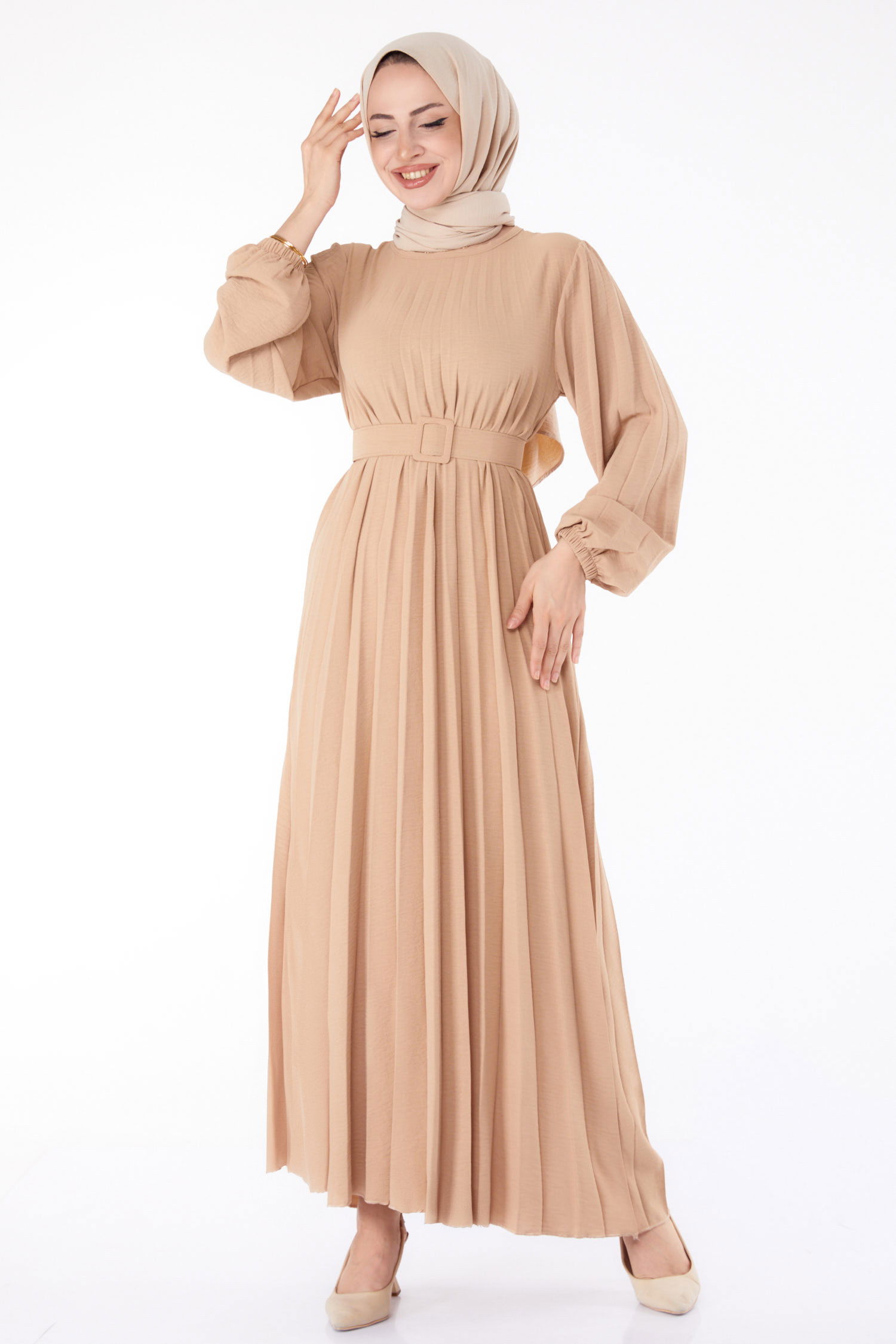 Piliseli Tesettür Elbise Bej - 25381