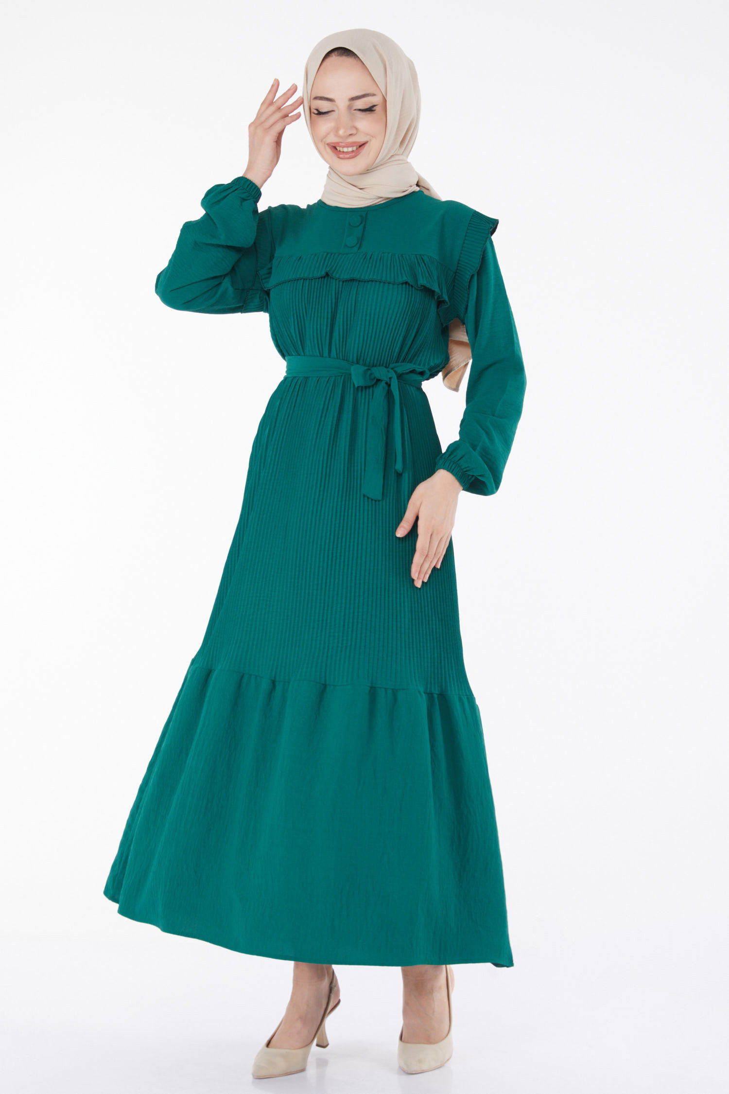 Yaka Düğme Detaylı Elbise Yeşil - 25383 YEŞİL