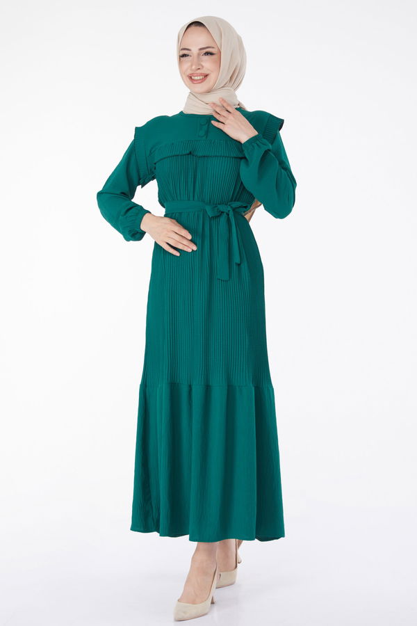 Yaka Düğme Detaylı Elbise Yeşil - 25383 YEŞİL