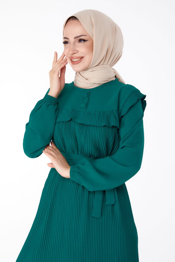 Yaka Düğme Detaylı Elbise Yeşil - 25383 YEŞİL