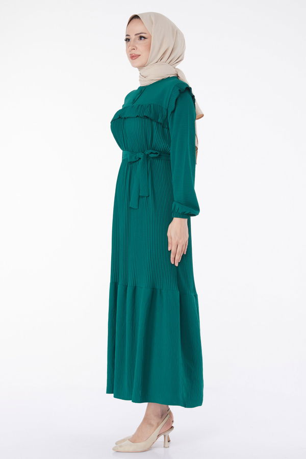 Yaka Düğme Detaylı Elbise Yeşil - 25383 YEŞİL