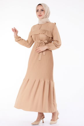 Yaka Düğme Detaylı Elbise Bej - 25383