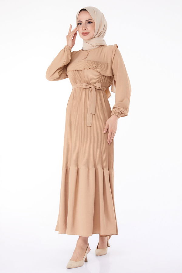 Yaka Düğme Detaylı Elbise Bej - 25383 BEJ