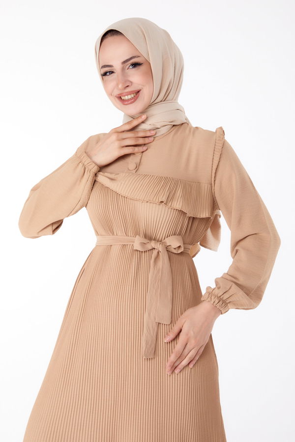 Yaka Düğme Detaylı Elbise Bej - 25383 BEJ