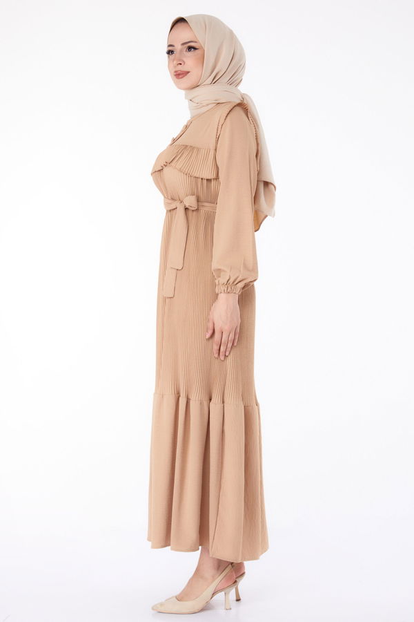 Yaka Düğme Detaylı Elbise Bej - 25383 BEJ
