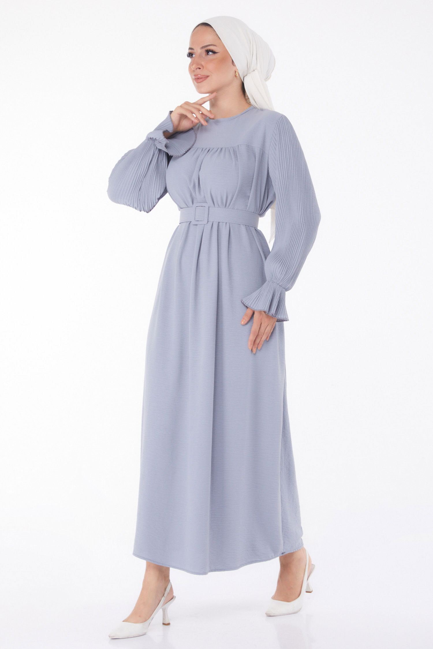 Kolu Piliseli Elbise Gri - 25385 GRİ