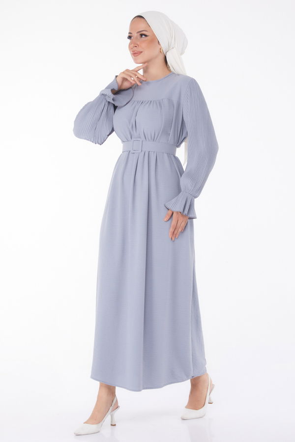 Kolu Piliseli Elbise Gri - 25385 GRİ