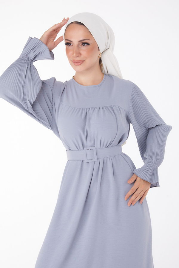 Kolu Piliseli Elbise Gri - 25385 GRİ