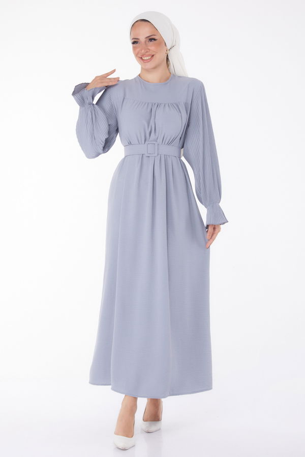 Kolu Piliseli Elbise Gri - 25385 GRİ