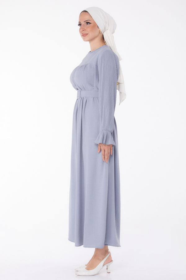 Kolu Piliseli Elbise Gri - 25385 GRİ