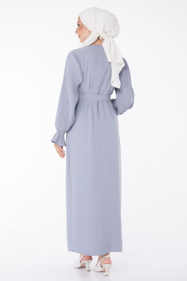 Kolu Piliseli Elbise Gri - 25385 GRİ