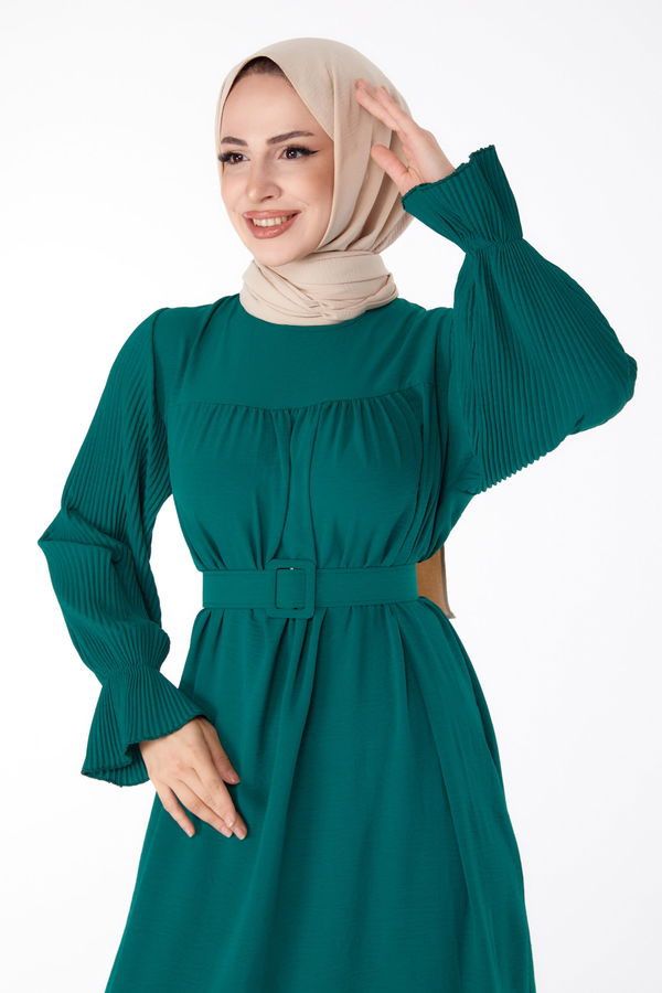 Kolu Piliseli Elbise Yeşil - 25385