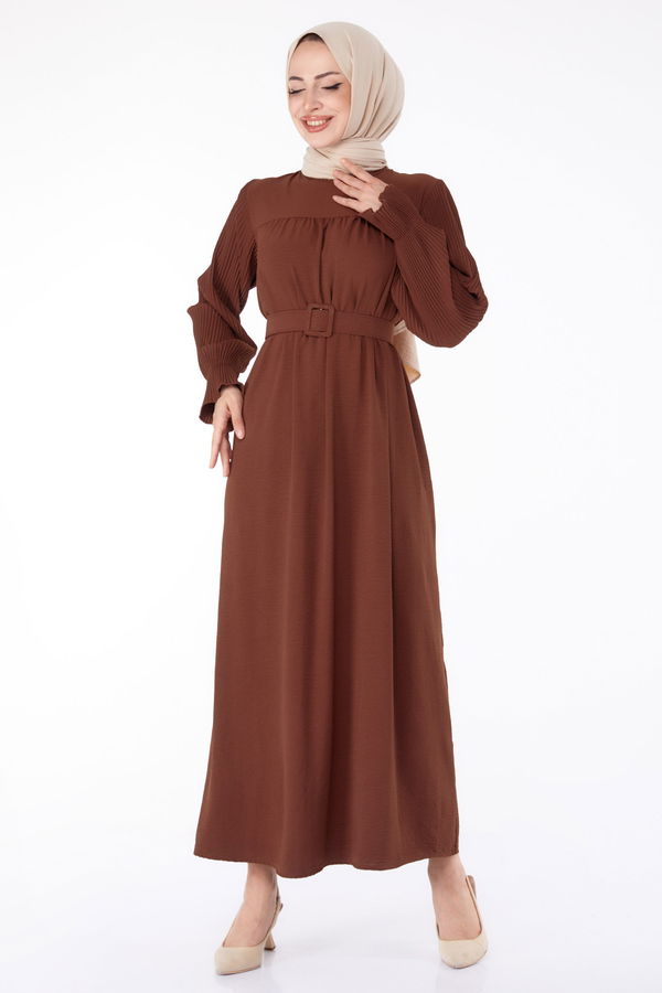 Kolu Piliseli Elbise Kahverengi - 25385 KAHVERENGİ