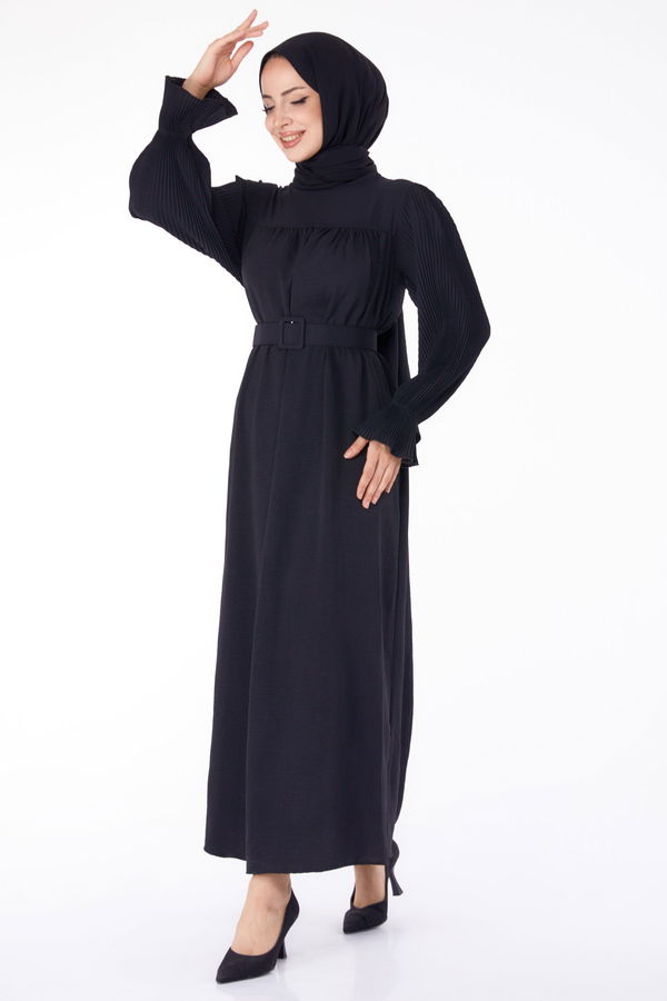 Kolu Piliseli Elbise Siyah - 25385 SİYAH