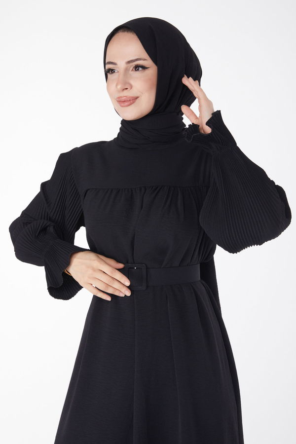 Kolu Piliseli Elbise Siyah - 25385 SİYAH