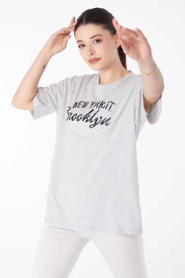 Baskılı Kısa Kollu T-Shirt Gri - 25386
